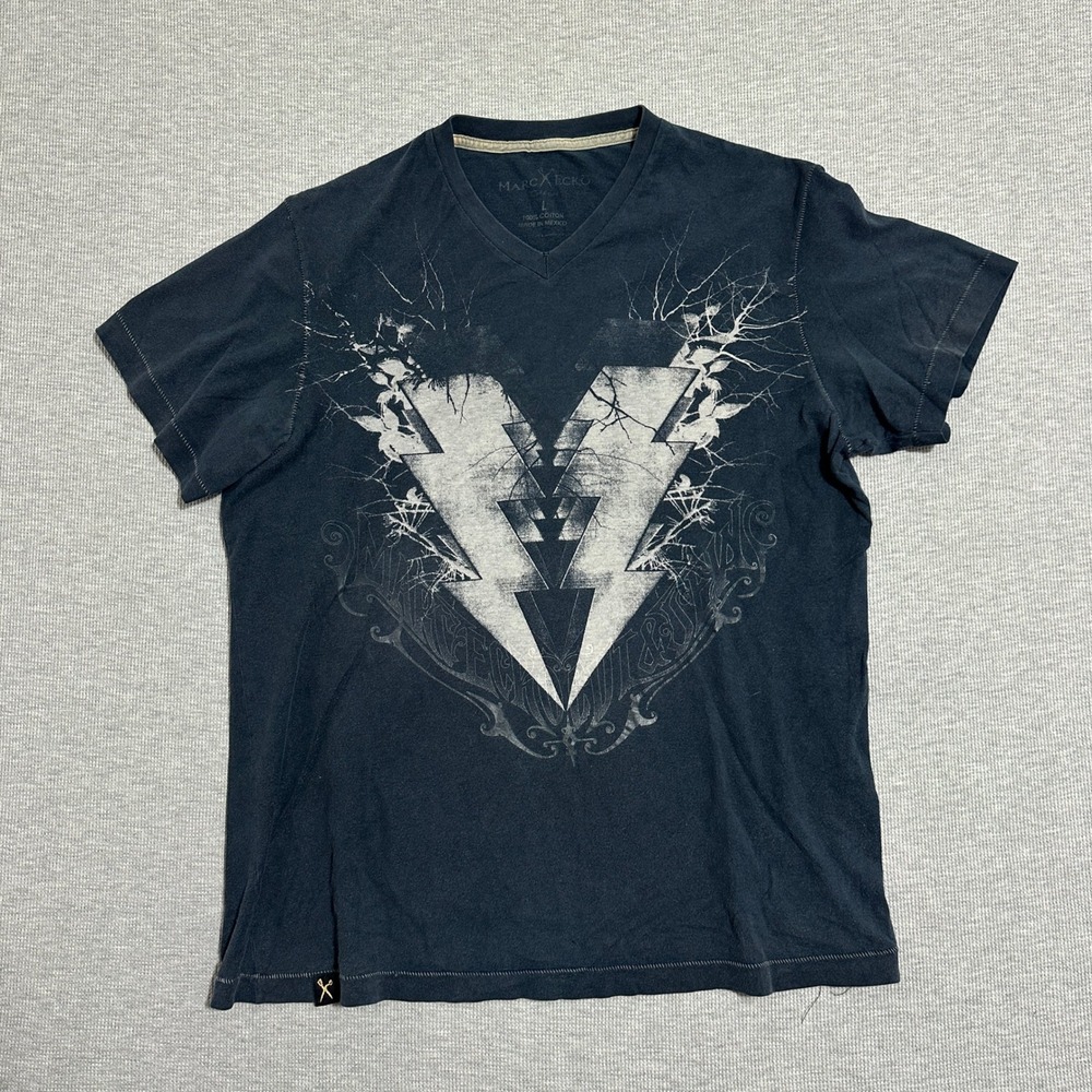 Marc Ecko Cut & Sew V-Neck Graphic‎ T-Shirt Lightning Bolt Black Mens Size L